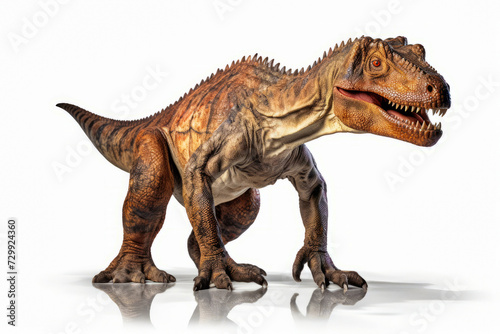 Dinosaur with its mouth open and its teeth wide open, standing on white surface. © VISUAL BACKGROUND