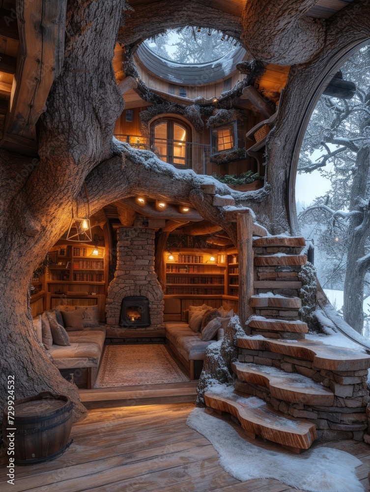Fototapeta premium Home in a tree hole, Wooden flooring, It has a wood-burning stove, Rich furniture, Winter landscape, Cabin punk, Multi color matching, Wide view, Indoor lighting