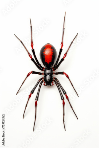 Red and black spider with long legs and claws on its back.