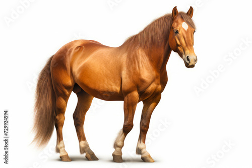 Brown horse standing on top of white background with white spot.
