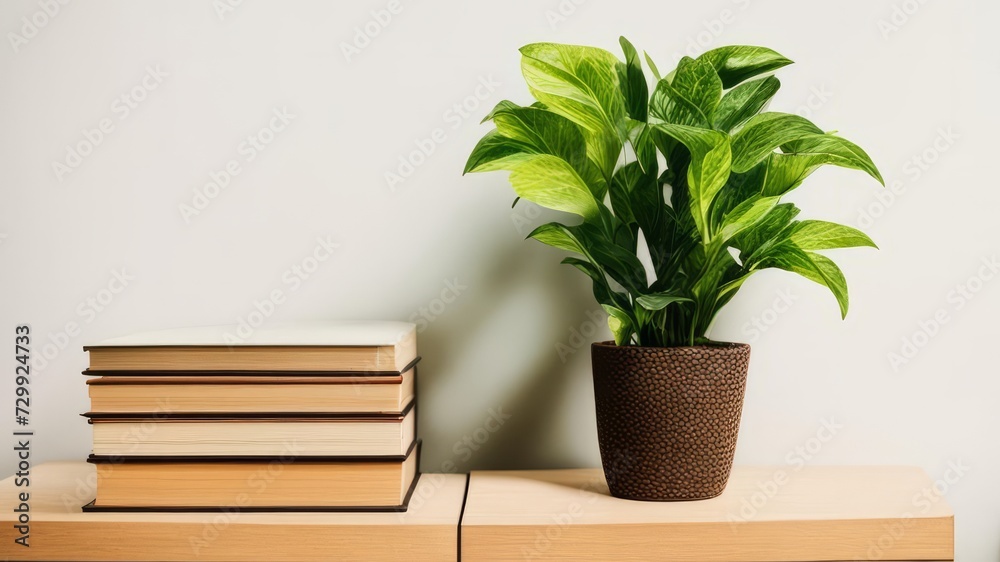 Houseplant stands next to a stack of books.