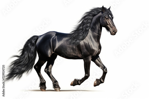 Black horse is running on white background with shadow. © VISUAL BACKGROUND