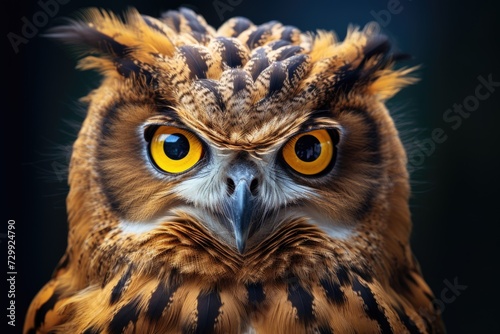 This close-up photo captures the detailed view of an owl with striking yellow eyes.