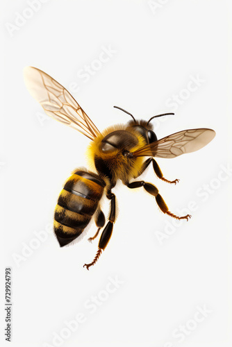 Bee is flying in the air with its wings spread out.