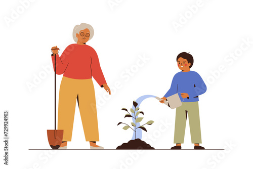 Elderly woman with school boy planting young tree in the ground. Happy grandmother and small grandson watering sapling outdoor together.  Green ecology, environment forest conservation concept. Vector