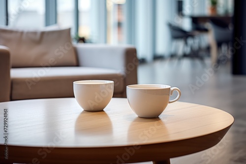 Two coffee cups are placed on a table in a well-lit living room.