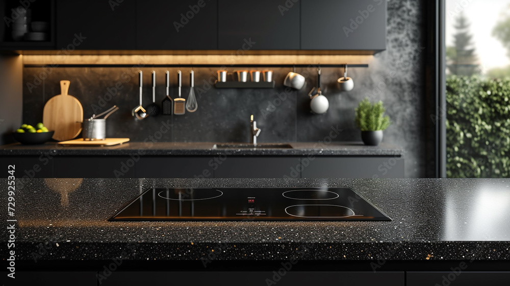 A modern induction cooktop embedded seamlessly into a sleek black granite countertop, surrounded by stainless steel cooking utensils hanging from a wall-mounted rack.