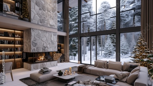 Cozy modern living room in milk tones, high ceiling, with stone fireplace, bookshelves, New Year's decoration, outside is snow-covered taiga forest winter