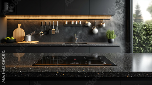 A modern induction cooktop embedded seamlessly into a sleek black granite countertop, surrounded by stainless steel cooking utensils hanging from a wall-mounted rack.