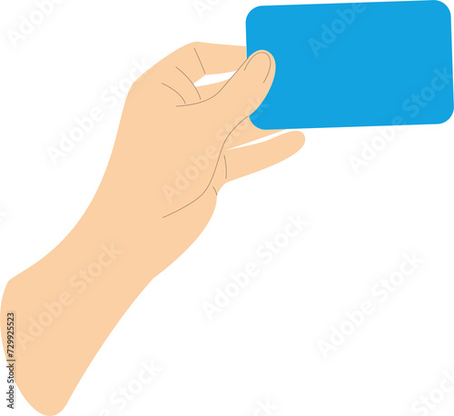 Hand holding bank card blue with copy space for text. Mockup. PNG.