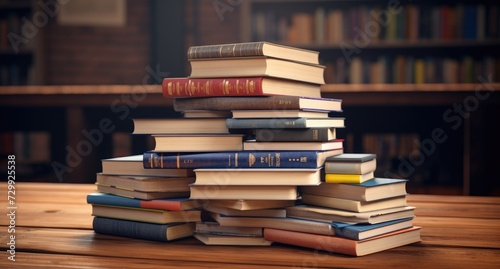 A stack of books sits on top of a wooden table, creating a simple yet inviting scene.