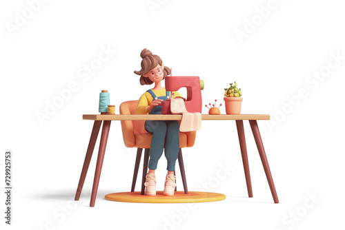 Cute kawaii smiling brunette funny casual asian girl in yellow t-shirt, blue overalls sits on an orange chair at table, sews clothes on red sewing machine works at home. 3d render isolated transparent