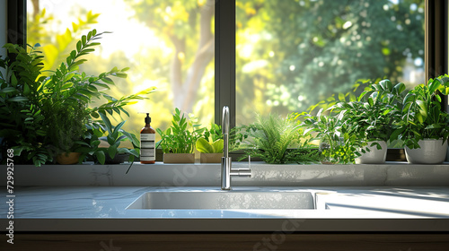A clean, uncluttered kitchen sink with a sleek chrome faucet, overlooking a panoramic view of lush greenery through a large window.