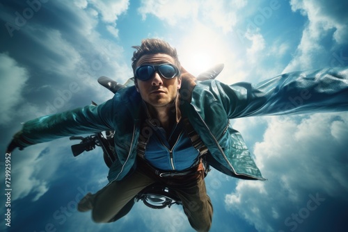 A man wearing sunglasses soars through the air effortlessly.