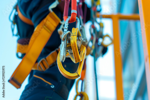 Work on high-altitude equipment. Fall arrest device for worker with safety belt hooks