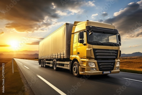 A yellow semi truck is captured in motion as it drives down a highway.
