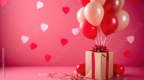 gifts and balloons on a pink background against pink wall, valentine's background