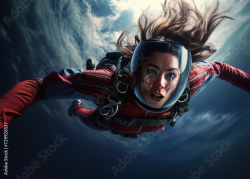A woman wearing a diving suit is seen floating in mid-air.