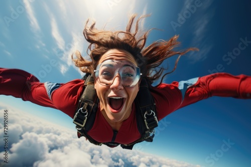 A woman wearing a vibrant red jacket is captured mid-air as she effortlessly flies through the sky.
