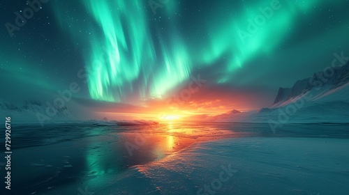 Magical Winter Night with Green and Purple Northern Lights, Low-Angle View Highlights Celestial Display Against Snowy Landscape, Enhanced by a Defocused Aura. Made with Generative AI Technology © mafizul_islam