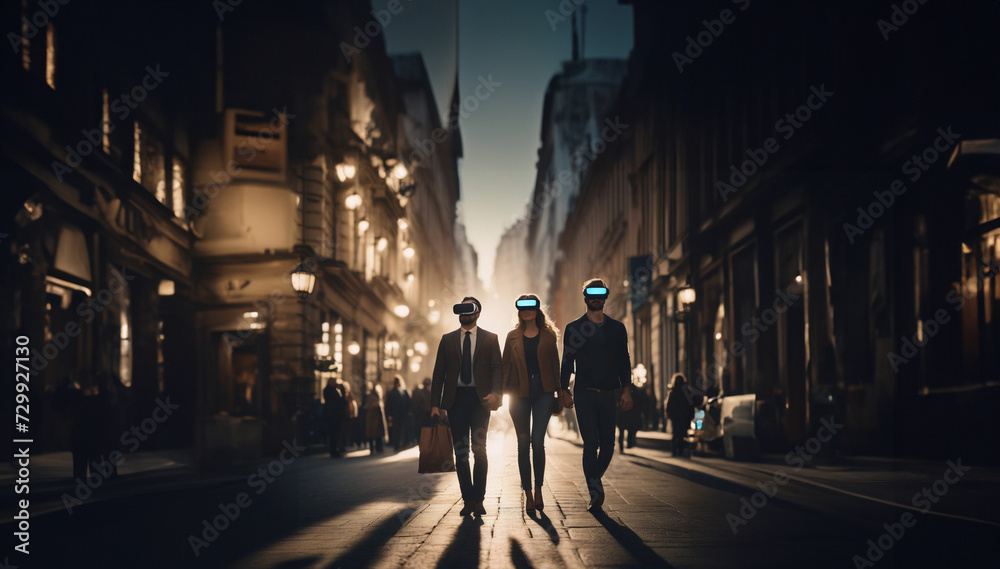 people in the city walk wearing VR glasses augmented reality in everyday life