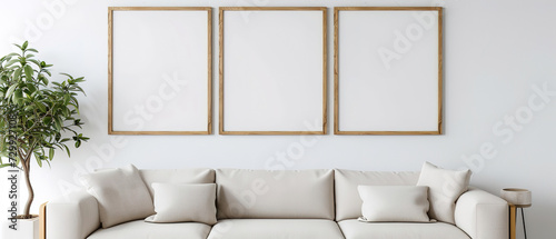 Simple elegant product mockup for a set of 3 identical wood framed art prints. Mid-century modern wood frame on a white wall photo