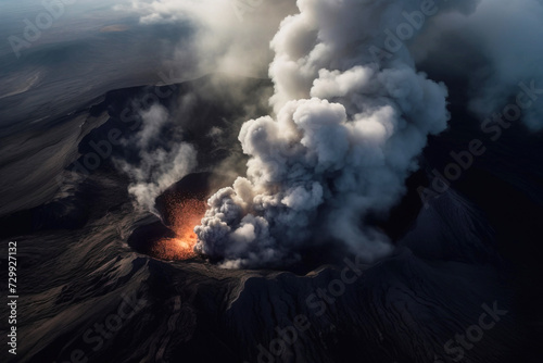 Volcano mountain eruption with smoke and fiery lava, top view.