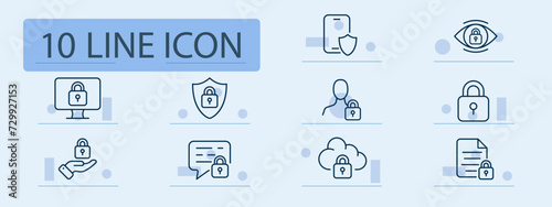 Protection information line icon. Encryption, firewalls, secure servers, regular audits, privacy policies, GDPR compliance. Pastel color background. Vector line icon for business and advertising