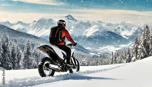 Side view of a man riding an off-road motorcycle (motocross or enduro motorcycle) on a mountain road in a snowy landscape. Snow-capped peaks and blue sky with clouds in the background. Generative Ai.