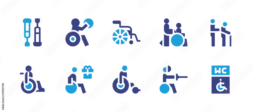 Disability icon set. Duotone color. Vector illustration. Containing wheelchair, crutches, disabled people, basketball, disabled person, disabled, wc, disabled sign.