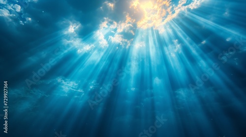 Radiant sunbursts of light on a serene blue backdrop, invoking tranquility
