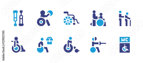 Disability icon set. Duotone color. Vector illustration. Containing wheelchair, crutches, disabled people, basketball, disabled person, disabled, wc, disabled sign.