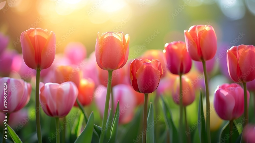 Tulip Serenity: Vibrant tulips in full bloom set against a serene, soft-focus background