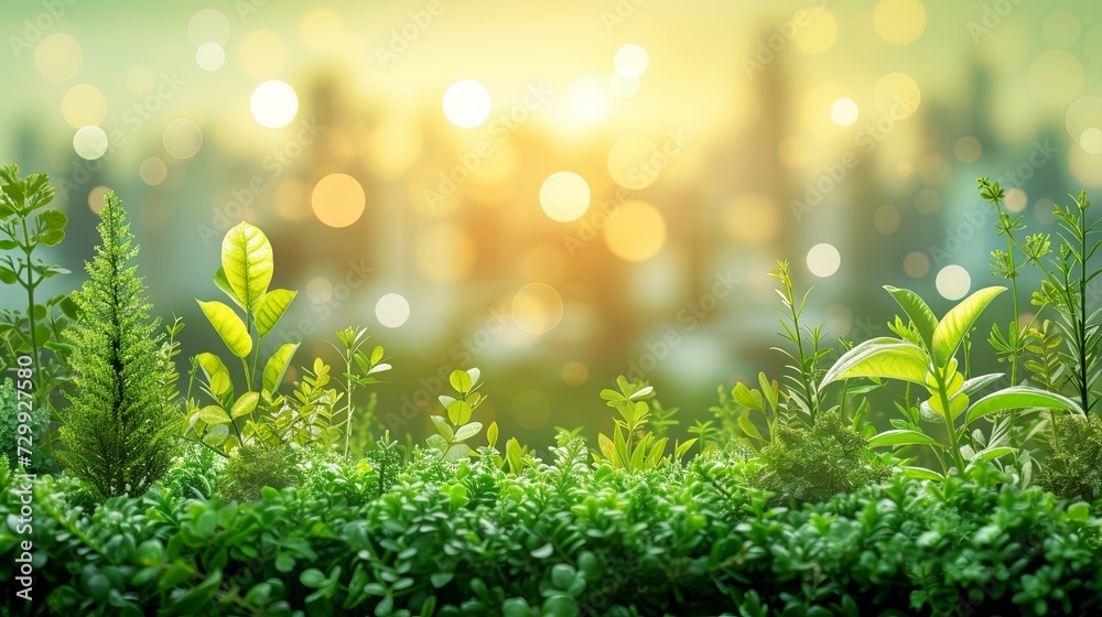 Defocused bokeh nature background. Net zero Carbon neutral concepts for net zero emissions, grass and green flowers, environmental, social and governance. Climate-neutral strategy.
