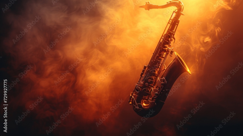 Obraz premium Saxophone Serenade: A sleek saxophone silhouette set against a smoky, dimly lit jazz club