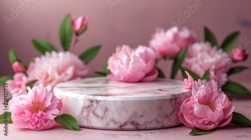 The pink blossom flowers add a pop of color to the neutral background  making your product the star of the show
