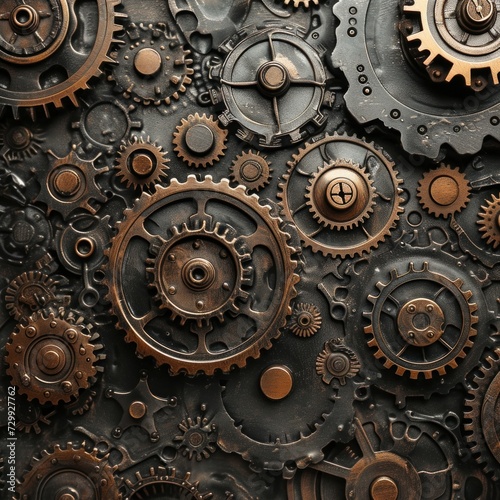 Interlocking gears and cogs forming an intricate, steampunk-inspired design