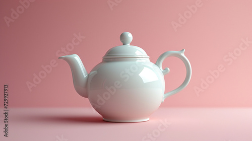 A white ceramic teapot on a soft pink background.