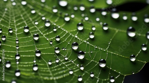 Leaves with dewy spider web cobwebs  macro view nature background wallpaper.
