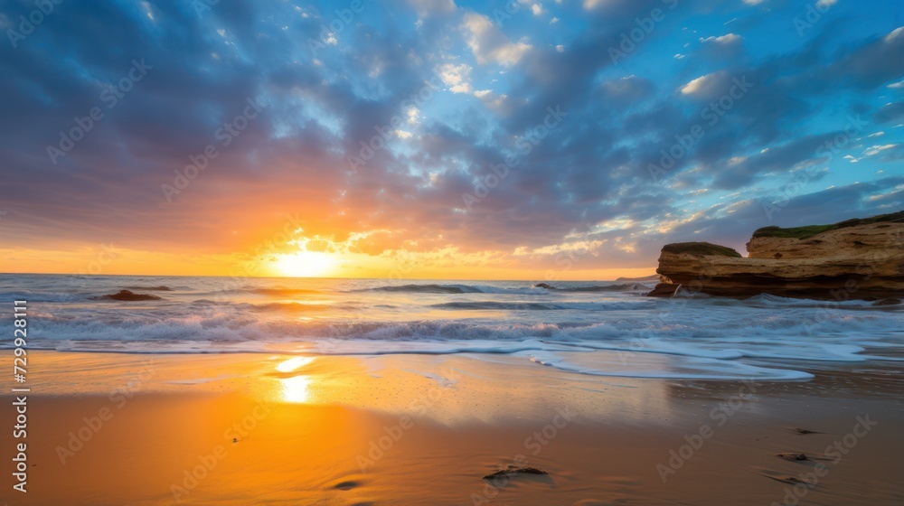 Obraz premium Landscape beach, clean and clear wave sea, Sunset golden light sky scene.