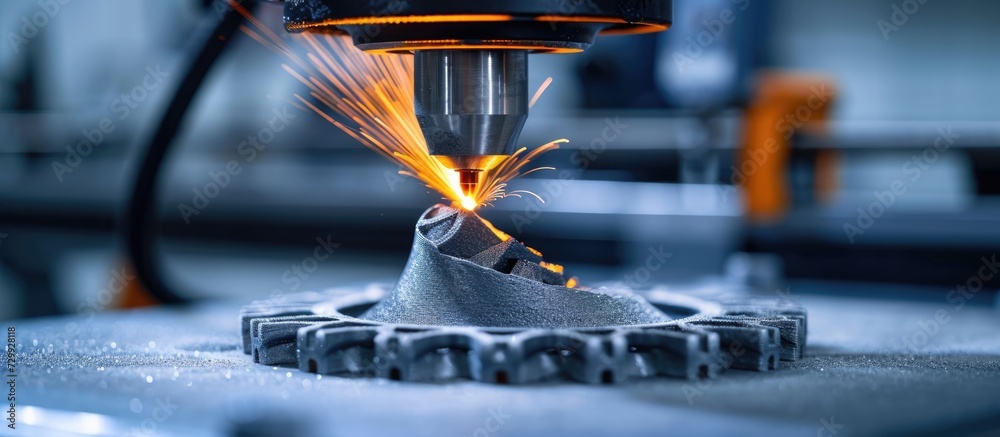 Metal powder is used by a 3D printer to create intricate mechanical parts in a workshop.