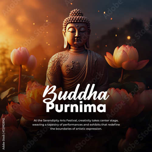 Buddha Purnima Poster - Buddha Statue: Celebrate Buddha Purnima with this serene poster featuring a Buddha statue and traditional elements, symbolizing peace and enlightenment