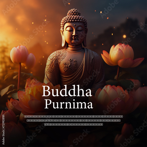 A serene design honoring Buddha Purnima, featuring a statue of Lord Buddha surrounded by blooming lotus flowers under a peaceful, glowing evening sky.