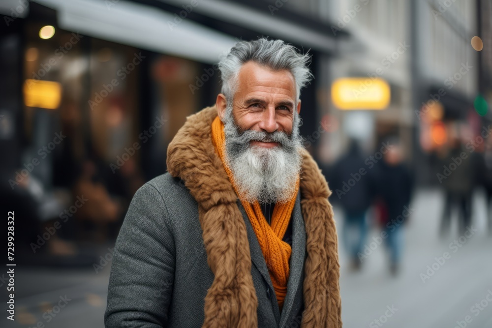 Portrait of a handsome senior man with gray beard and mustache in a fur coat on a city street