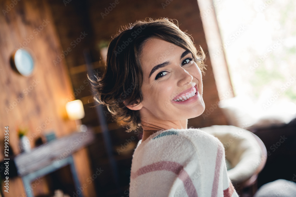 Profile photo of adorable cheerful girl beaming smile have good mood laughing pastime apartment inside Profile photo of adorable cheerful girl beaming smile have good mood laughing pastime apartment inside