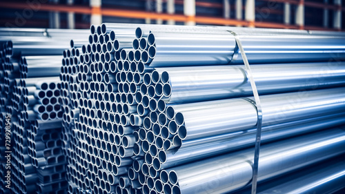 Metal pipes. Galvanized steel pipe or Aluminum and chrome stainless pipes in stack waiting for shipment in warehouse.
