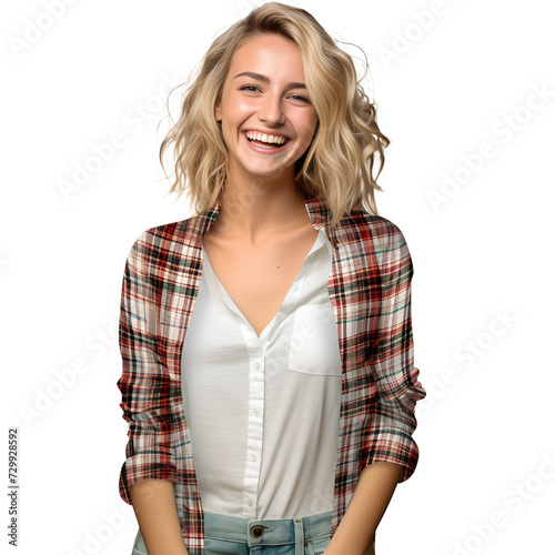 American lady elegant young, exuding happiness with a bright smile, set against a transparent white background.