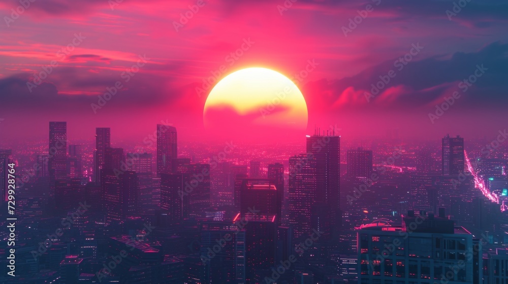 Synthwave Sunset: A sunset over a futuristic city skyline with neon lights, inspired by synthwave music