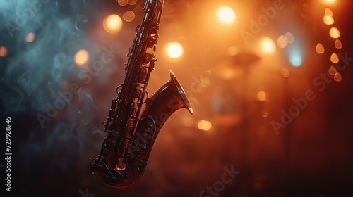 Saxophone Serenade: A sleek saxophone silhouette set against a smoky, dimly l...