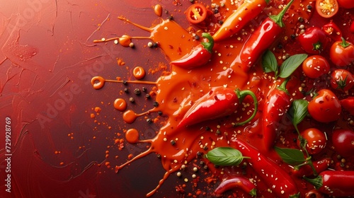 Vibrant salsa splatters and chili pepper motifs, reflecting spicy cuisine